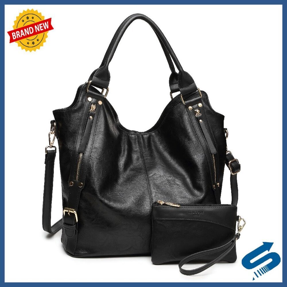 PU Leather Hobo Tote Bag with Adjustable Strap & Wallet